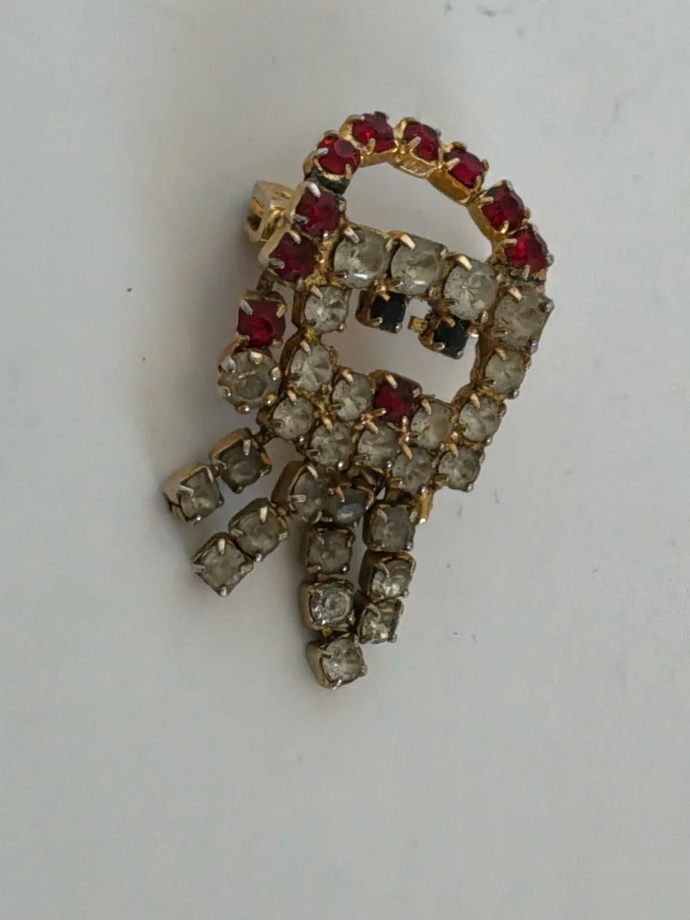 Vintage Santa Brooch Gold-Tone Red and Clear Rhinestone